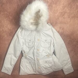 Banana Republic Cream Faux Fur-Trimmed Hooded Ski Jacket with Down Feather